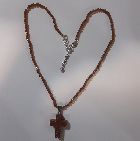 HESSONITE GARNET/GOLD SANDSTONE CROSS NECKLACE - Picture 3 of 5